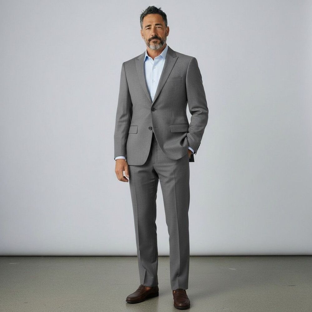 EGARA Slim Fit Mens 2 Piece suit Blazer Jacket 42L - Pants 36Wx34L Gray Wool